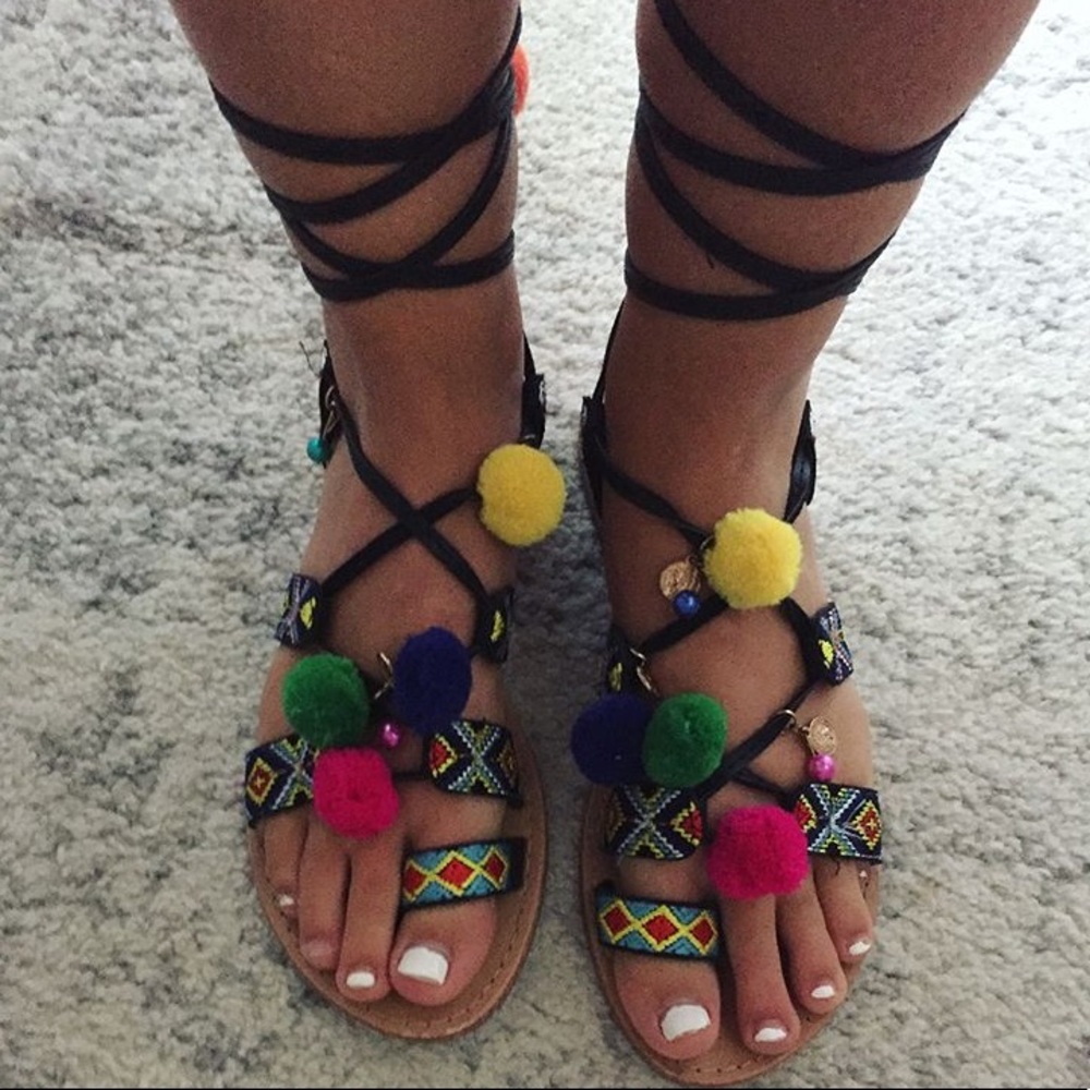 Lace up Pom Pom sandals